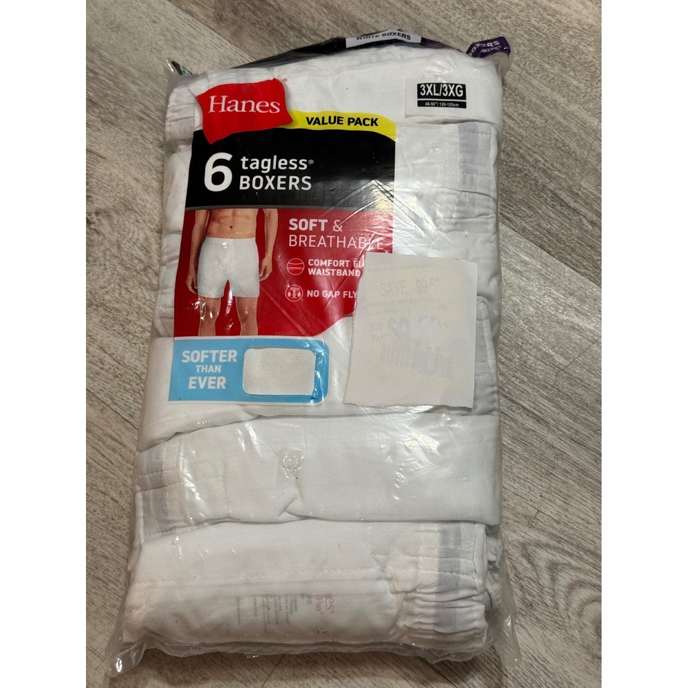 Hanes Mens 6 Pack Tagless Boxers White Comfort Flex Waistband Size 3XL 48-50‎